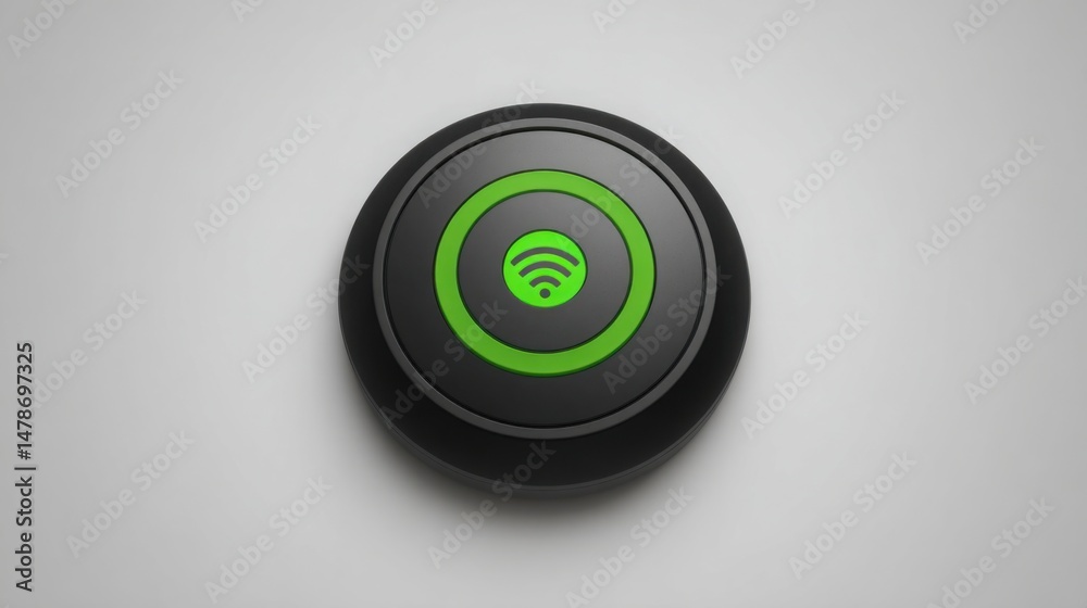 Poster green wireless button representing autonomous signal hub concept for self-managed data communication