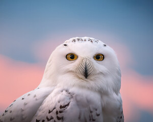 Obraz premium white owl staring directly at camera, pastel sky background