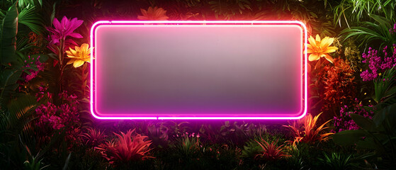 Neon Pink Frame Against Tropical Floral Background