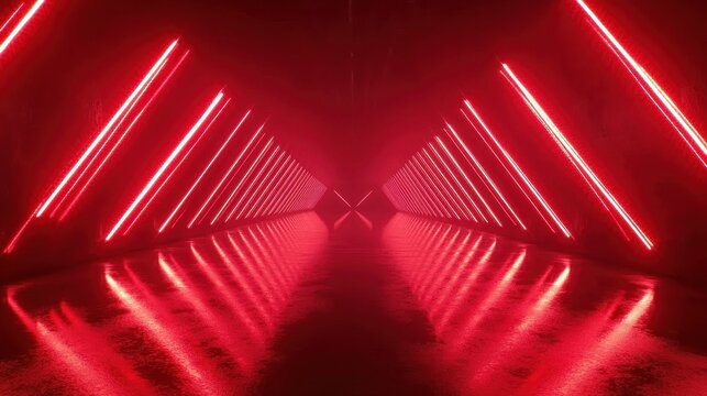 Neon red tunnel,  reflective,  triangular.  Dark,  futuristic,  glimmering