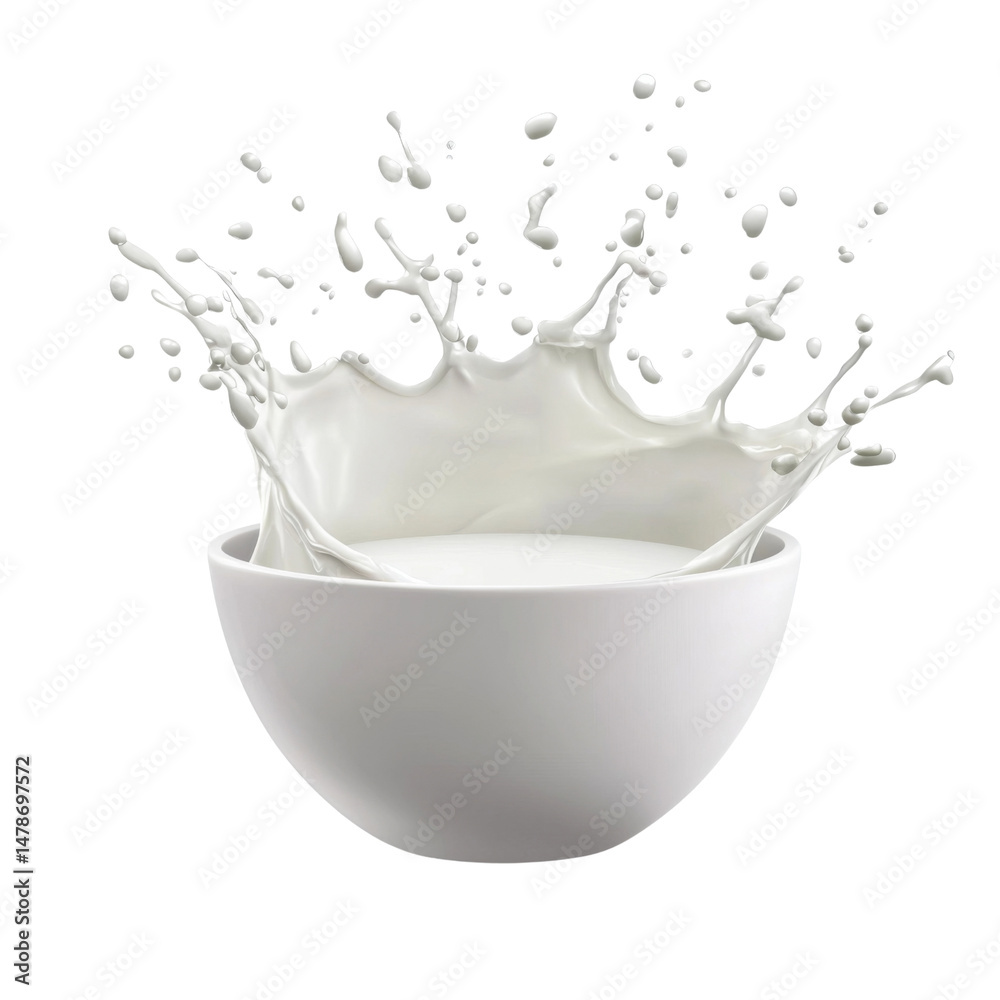 Poster white bowl filled with milk splashes dramatically, creating dynamic scene of liquid motion. transpar