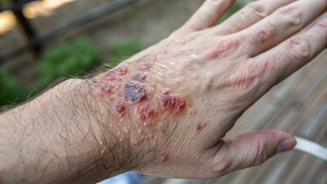 Close-Up View of Anthrax Infection on Human Hand &ndash; Clinical Image of Skin Lesion and Eschar