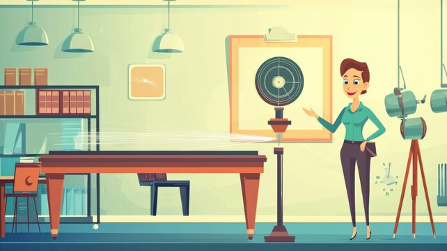 Flat educational vector showing a cartoon teacher explaining the double-slit experiment in a classroom, with light waves, two slits and an interference pattern on a presentation board.