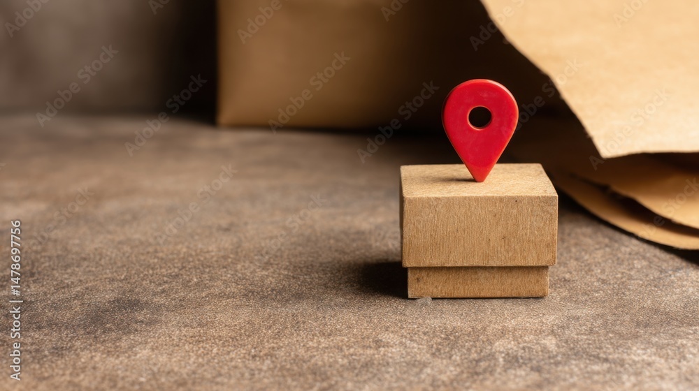 Poster red pin on a wooden block signifying blockchain-authenticated trade tracker concept for verified tra