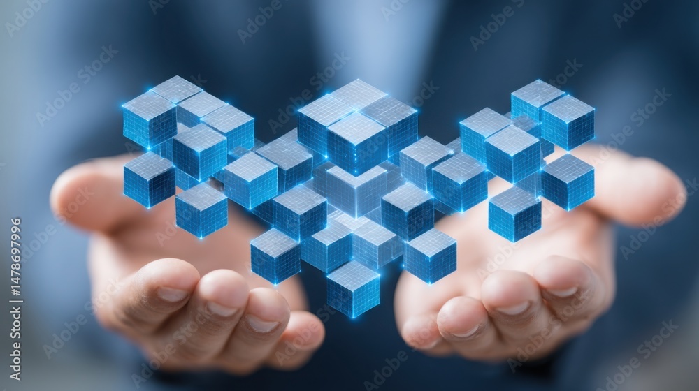 Poster individual holding a cube representing blockchain-based transaction console and the concept of verif
