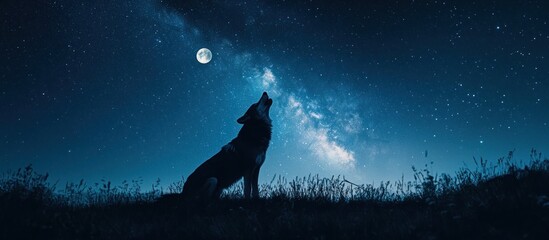 Fototapeta premium Wolf Howls at Night Sky