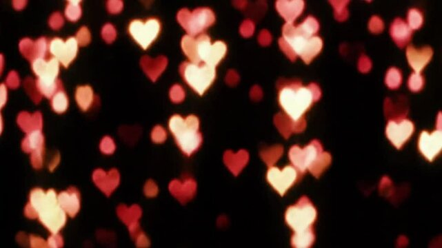 Pink hearts rain on black background.  Generative AI.