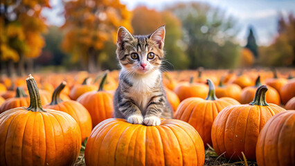 Adorable tabby kitten sitting atop a pumpkin in a picturesque autumn pumpkin patch