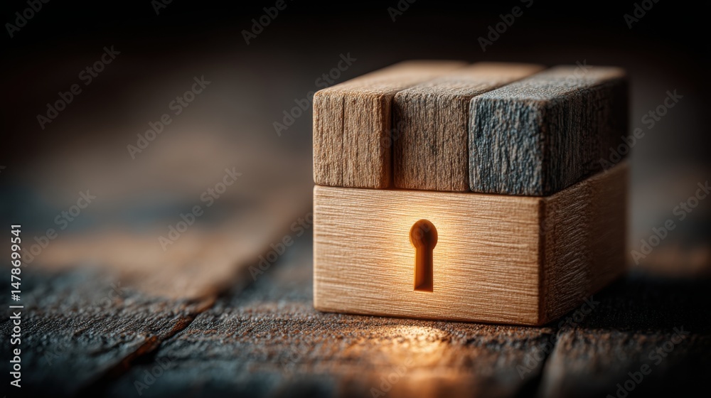 Poster captivating visual of a wooden block featuring a key representing blockchain-secured ownership and d