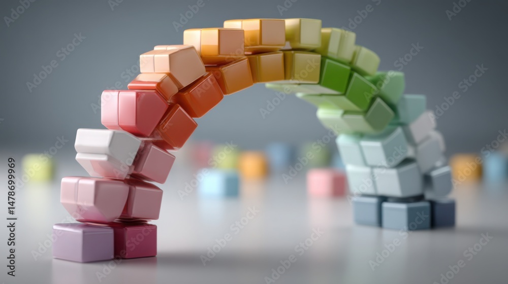 Poster colorful building constructed from blocks symbolizing smart contracts in blockchain technology and d