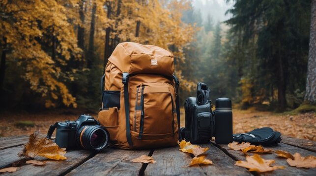 Brown backpack with camera equipment in autumn forest setting