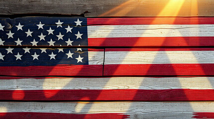 Vintage Weathered American Flag on Rustic Wooden Planks – Distressed Patriotic Red, White, and Blue with Natural Wood Grain Texture for Rustic Americana Designs – Generative AI