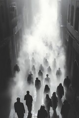 Crowded alleyway shrouded in mist