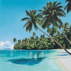 Palm trees swaying in the breeze on a remote island with crystal clear turquoise water