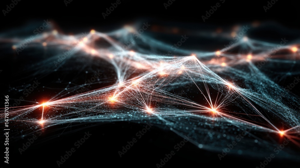 Poster a network of glowing lights forming an intricate pattern representing cloud ai fusion and distribute