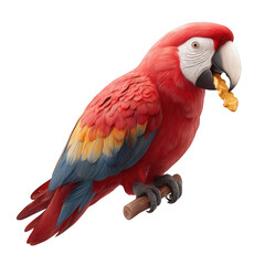 Obraz premium A scarlet macaw perched on a branch holds a piece of food in its beak against a black background