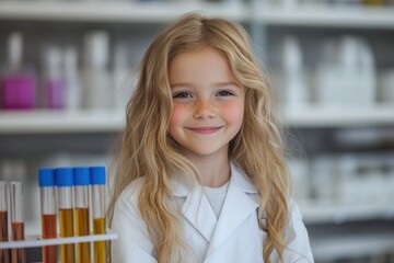 Young girl in white coat smiles warmly while standing in pharmacy or medicine storage room. Concept of a little pharmacist with a bright and caring spirit.