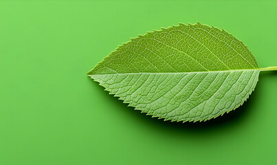 Obraz premium Fresh Green Leaf on Bright Green Background for Nature Interior Design
