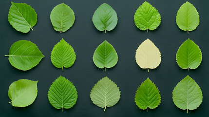 Variety of Green Leaves Displayed on Dark Background for Nature Themes