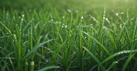Obraz premium Emerald green field, dew drops on blades of grass, environment, green, photo