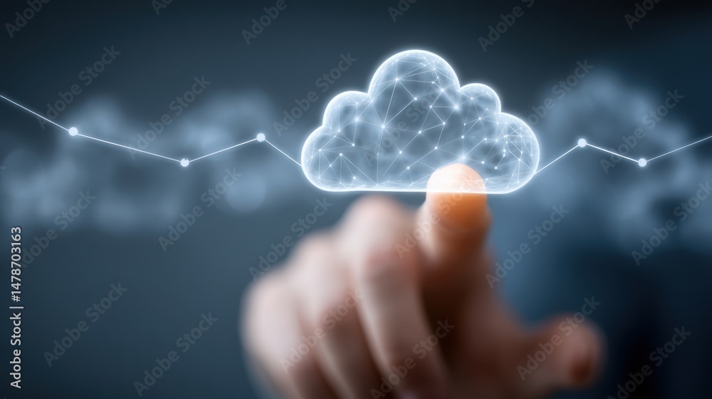 Poster conceptual cloud computing image depicting a cloud linked investor dashboard icon concept for remote