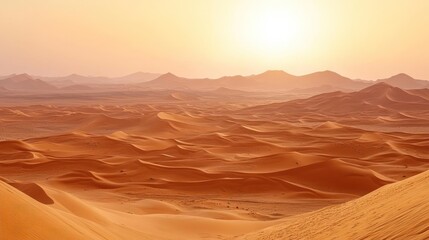 Naklejka premium Vast desert landscape at sunset, golden dunes and mountains.