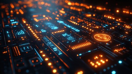 Obraz premium Futuristic circuit board with glowing orange and blue lights. Intricate digital patterns and glowing components