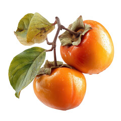 Two ripe persimmon fruits on a branch with leaves against a dark background