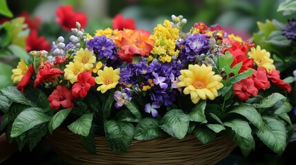 Obraz premium Colorful artificial flowers in a wicker basket