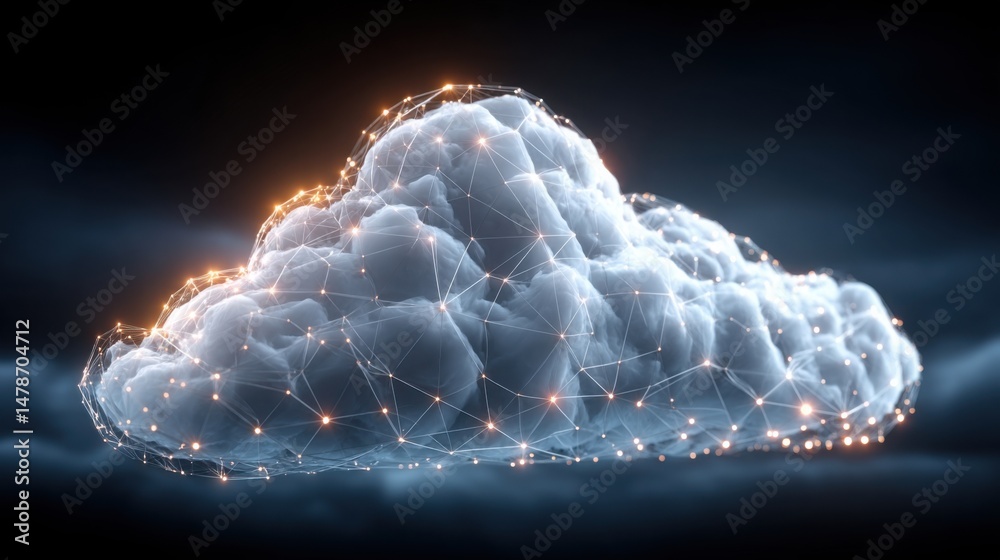 Poster cloud formation with network of connected lines symbolizing advanced growth signals in scalable busi