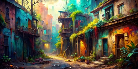 Fototapeta premium Surreal Abstract Urban Exploration Hand-Painted Background - Grunge Cityscape Texture