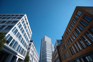 Obraz premium A clear blue sky, with three buildings of different heights on the left and right sides of it background