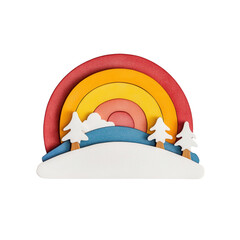 Whimsical Wooden Rainbow Landscape with Snowy Hills and Pine Trees