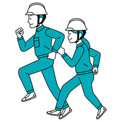 走る作業員の男女（横向き）