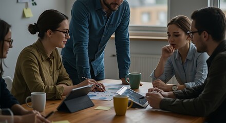 Team Members Collaborating at Table Discussing Data and Projects