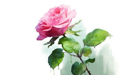 Watercolor Peach Rose with Leaves

