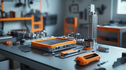 Fototapeta premium A mockup of a branded car phone holder assembler, placed on a workbench
