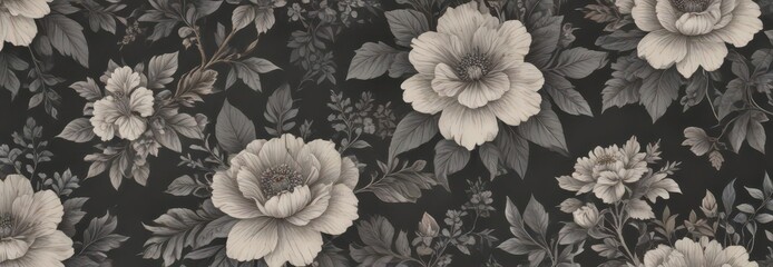 Subtle charcoal floral wallpaper, vintage-inspired print with delicate blooms and leaves , floral, damask, blooms