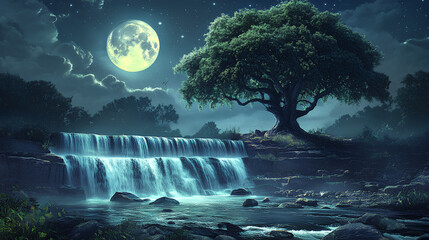 A majestic tree of life stands proudly over a serene river and waterfall under a luminous full moon in a tranquil landscape