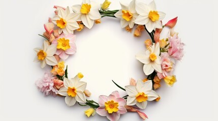 Beautiful Floral Wreath with Daffodils and Pink Flowers on White Background

