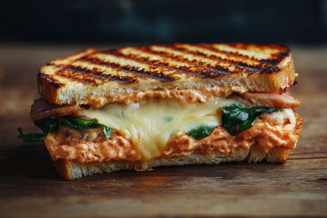 Grilled Cheese Sandwich Close Up on Wooden Surface Delicious Melted Cheese and Toasted Bread Food Photography Studio Shot