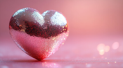 Fototapeta premium A shining disco ball shaped like a heart glows brightly on a soft pastel pink background. The sparkling reflections create a fun, festive, and playful atmosphere.