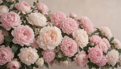 Muted pastel pink roses, peonies & hydrangeas create a vintage floral wall backdrop ,  flower wall, design