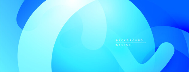 Abstract blue background. Overlapping rounded shapes create dynamic visual flow. Light gradients suggest depth, modern aesthetic.
