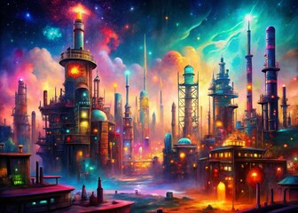 Obraz premium Surreal Hand-Painted Industrial Cityscape: Vibrant Urban Fantasy Art