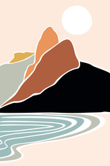 Graphic style illustration of a coastal landscape of the city of Rio de Janeiro, Brazil.