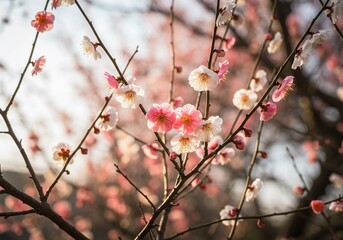 早春、紅白梅の花咲く枝 優しい光