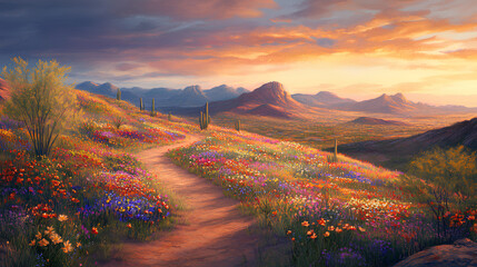 A vibrant desert landscape blooms at sunset, revealing colorful flowers along a winding path through rolling hills
