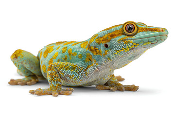 Naklejka premium A vibrant green gecko with blue eyes, isolated on a white background