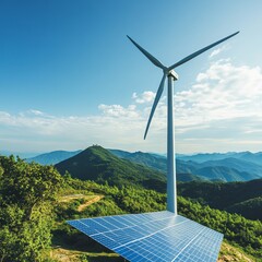 wind turbine with solar panels on top mountain.clean energy.Energy supply,wind turbine,eolic turbine,distribution of energy, Powerplant, Ecosystem and environment,high voltage supply concept